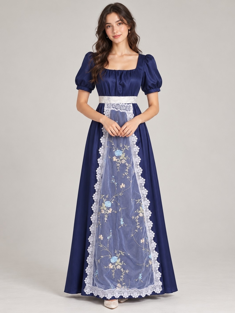 Navy Puff-Sleeve Maxi Dress with Lace Applique